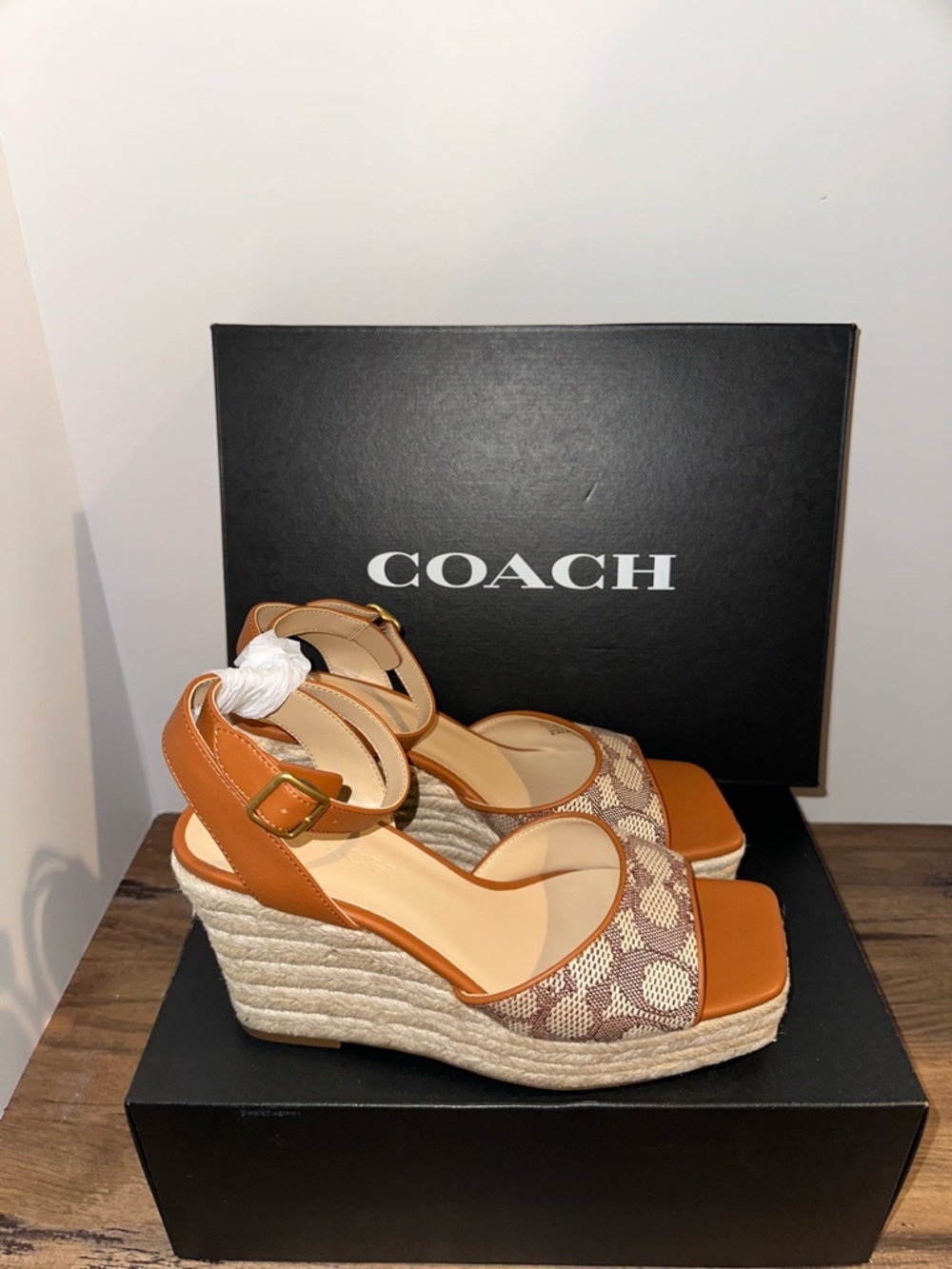 COACH Tan & Signature Canvas Espadrille Wedge Sandals